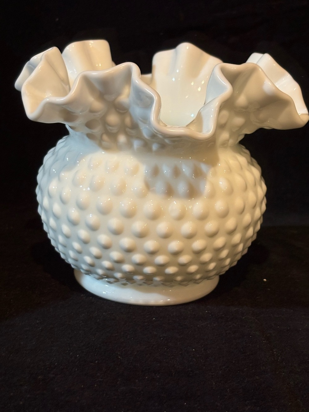 Vintage Fenton White Milk Glass Hobnail Double-crimped Ruffled Vase